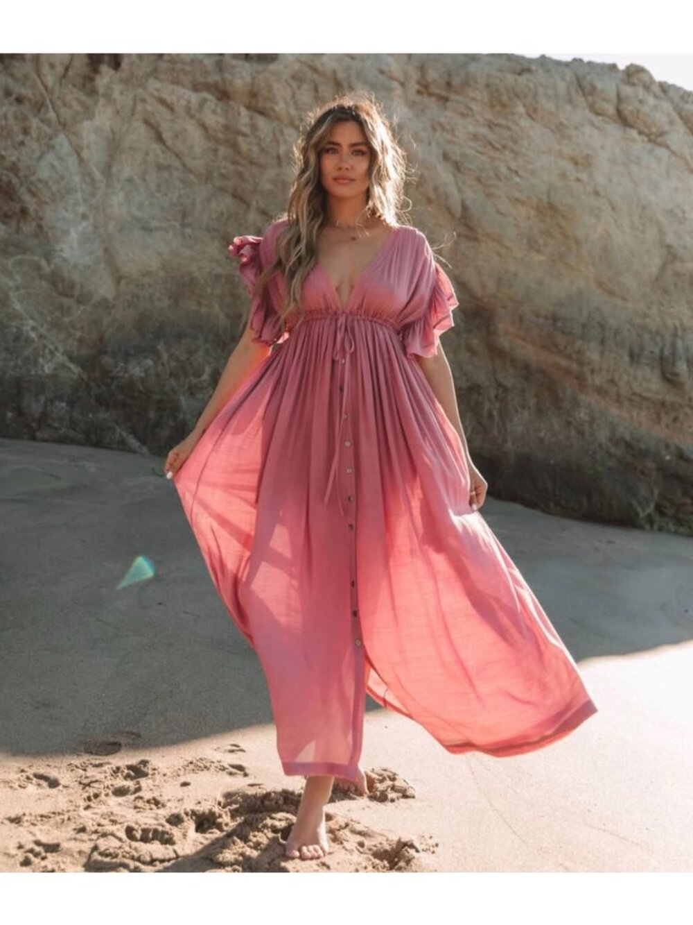 Flawless Womens S Rust Pink Button-Down Maxi Dress Drawstring Waist Deep V-Neck